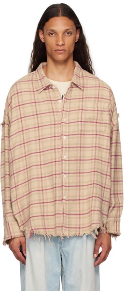 Beige & Pink Shredded Seam Drop Neck Shirt