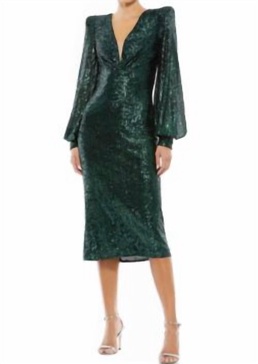 sequin sleeved dress in black emerald