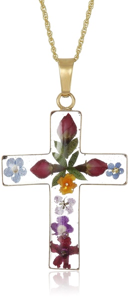 Amazon Essentials 14k Gold Over Sterling Silver Pressed Flower Multi-Colored Cross Pendant Necklace (previously Amazon Collection)