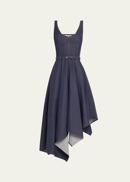 Denim Asymmetric Flared Midi Dress