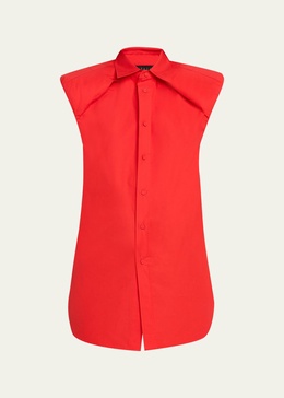 Structured Shoulder Poplin Button Down Blouse