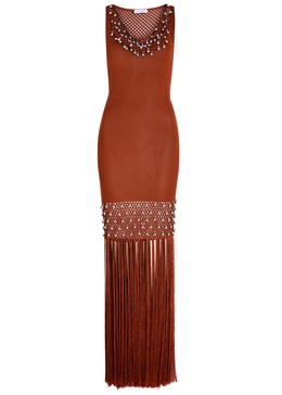 Bead-embellished fringed knitted maxi dress 