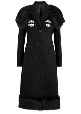 Faux fur-trimmed wool-blend coat