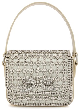 Micro crystal-embellished satin and leather top handle bag