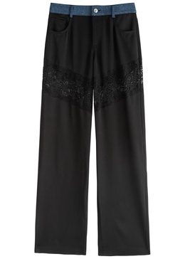 Lace-panelled denim and satin trousers 