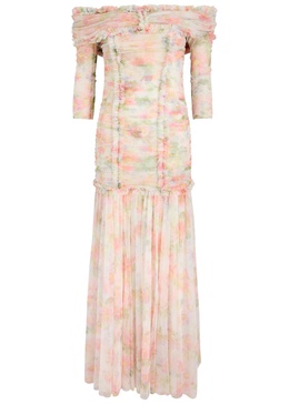 Immortal Rose printed off-the-shoulder chiffon gown