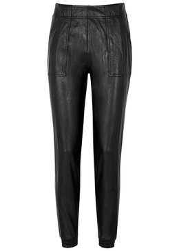 Black faux stretch-leather sweatpants