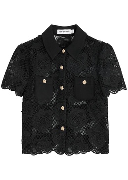 Floral-embellished sheer guipure lace shirt