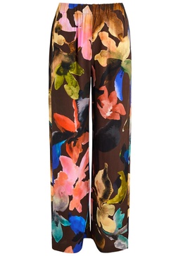 Floral-print matte satin trousers 