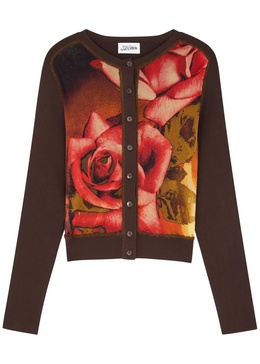 Roses printed tulle and knitted cardigan 