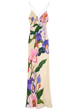 Olive floral-print satin maxi dress