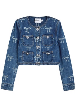 Bow-print embellished denim cropped jacket