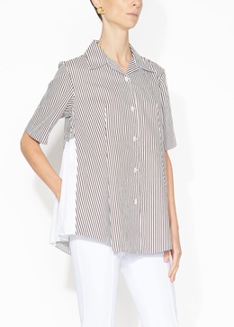 short sleeve side gathered top in striped poplin