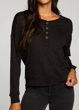 slub jersey long sleeve henley w/ cuffs in true black