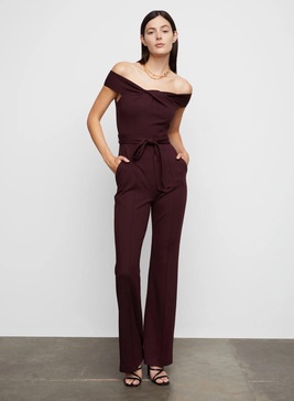 isabella off the shoulder ponte knit jumpsuit in burgundy