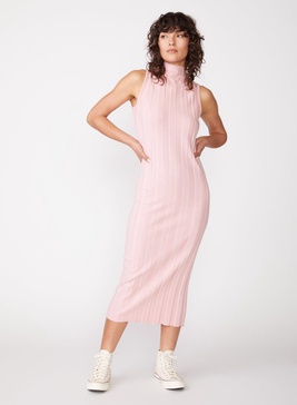 box pleat mock neck midi dress in chalk pink