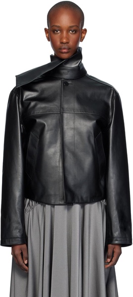 Black Scarf Collar Leather Jacket