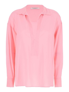 Pink Shirt with Open Collar and V Neck in Stretch Viscose Woman