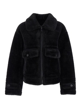 Black Shearling Jacket With Classic Wide Collar In Ecofur Woman