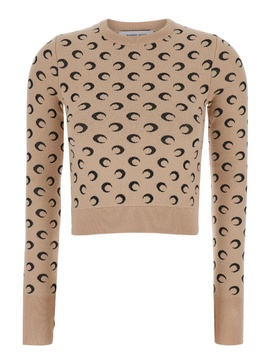 Beige Crop Sweater With Crescent Moon Jacquard Motif In Wool Woman