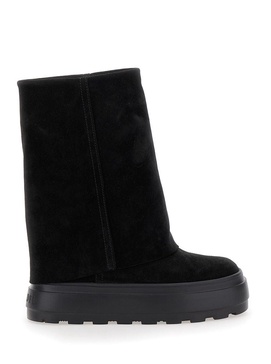 Black Boots With Turn-up With Platform In Suede Woman