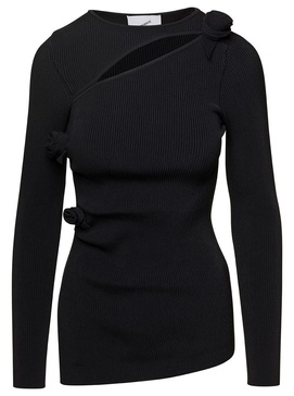 Black Ribbed Top With Cut-Out And Rose Appliques In Stretch Viscose Woman