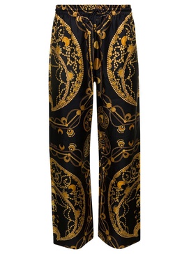 Black Loose Pants With All-Over Graphic Print In Silk Man