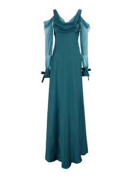 Long Blue Dress with Draped Neckline in Satin Woman