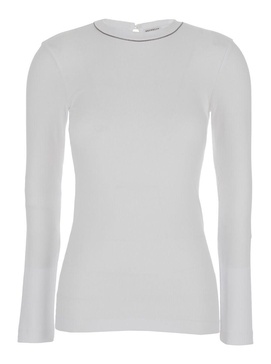 White Long-sleeve Top With Monile Detail In Ribbed Stretch Cotton Woman