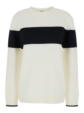 White Sweater with Contrasting Stripe in Cotton Blend Woman