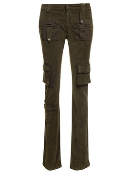 Military Green Low-Waisted Cargo Pants With Logo Patch In Velvet Woman