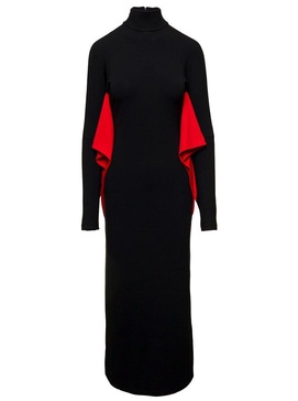 Long Black Dress With Batwing Sleeves With Contrasting Inserts In Stretch Viscose Woman