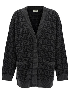 Oversized Grey and Black Cardigan with Crochet FF Motif in Cachemire Woman