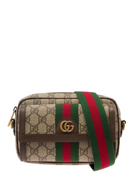 Beige 'Ophidia' Crossbody Bag with Green and Red Web Detail in Fabric Man