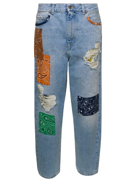 Light Blue Jeans with Bandana Patchwork in Cotton Denim Woman