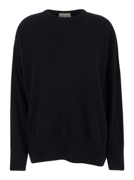 Black Crewneck Pullover with Ribbed Trim in Wool and Cashmere Woman