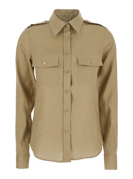 Beige Shirt with Pointed Collar and Patch Pockets on the Chest in Linen Woman