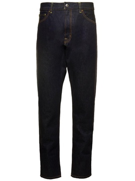 Blue Five-Pocket High-Waisted Jeans with Logo Patch in Cotton Denim Man