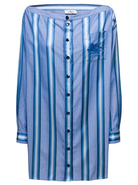 Mini Light Blue Off-the-Shoulders Striped Shirt Dress in Cotton and Silk Woman