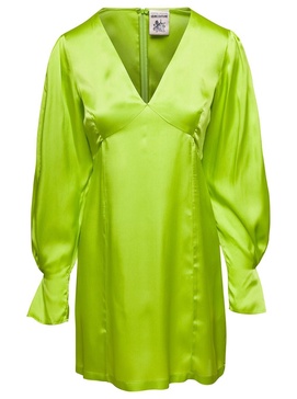 Lime Green Zoie Minidress V Neck Satin Effect in Silk Blend Woman