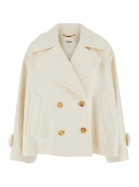 Cream White Double-Breasted Cropped Coat in Wool Blend Woman