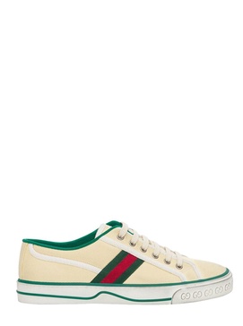 'Tennis 1977' Cream Low Top Sneakers with Web Detail and Green Profiles in Cotton Woman