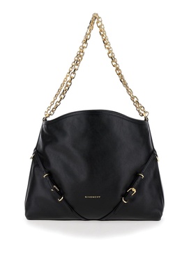 'Voyou Chain Medium' Black Shoulder Bag with Logo Detail in Hammered Leather Woman