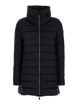 'Lydia' Black Down Jacket with Funnel Neck in Shiny Fabric Woman