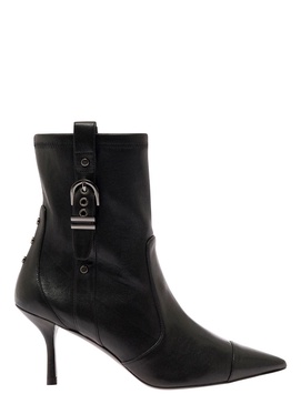 Black Bootie with Buckle Detail and Stiletto Heel in Smooth Leather Woman