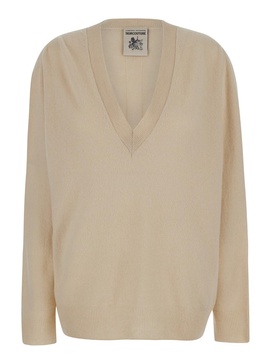 Oversized Beige Pullover with V Neck in Wool and Cashmere Woman