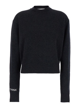 'Agadir' Black Crewneck Sweater with Logo Lettering on the Sleeve in Wool and Cashmere Woman