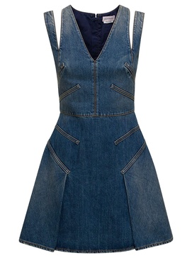 Blue Mini Dress with Cut-Out Detail and Pleated Skirt in Cotton Denim Woman