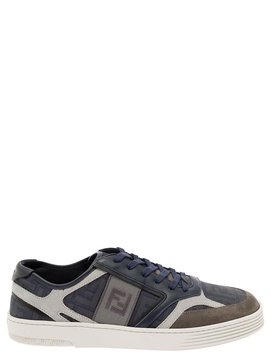 Blue Low Top Sneakers with FF Detail All Over  in Leather Man