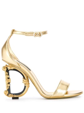 'Baroque' Gold Colored Sandals with Logo Heel in Leather Woman